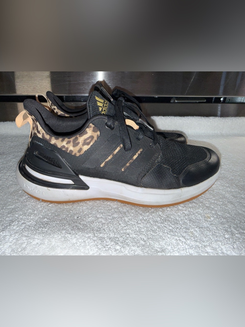 Adidas Girls Black Sneakers with Leopard /Cheetah Tan Accents Size 3.5 Big Kids
